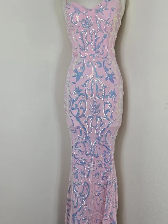 Lulus Strapless Pink Gown with Iridescent Blue Sequin Motif - Picture 1 of 3